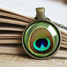 Load image into Gallery viewer, Peacock Necklace, Blue and Green Feather Necklace, Silver Necklace Photo Pendant, Peacock jewellery, Glass Pendant Necklace, jewellery
