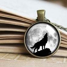 Load image into Gallery viewer, Lone Wolf and Moon Necklace, Howling Wolf and Moon Pendant, Perfect Gift, Necklace for him, Black Wolf, Art Gifts for Her, Moon Jewelry Gift
