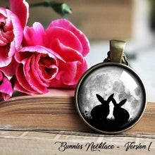 Load image into Gallery viewer, Bunnies and Moon Necklace, Bunny and Moon Pendant, Rabbit Necklace, Full Moon Jewelry I Love You to the Moon and Back Art Pendant Gift
