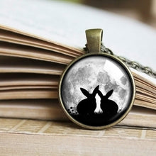 Load image into Gallery viewer, Bunnies and Moon Necklace, Bunny and Moon Pendant, Rabbit Necklace, Full Moon Jewelry I Love You to the Moon and Back Art Pendant Gift
