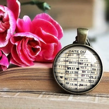 Load image into Gallery viewer, Librarian Gift, Library Card,  Bibliophile Book Lover, Vintage Books Pendant Necklace,, Library Necklace, Library Pendant, Date due
