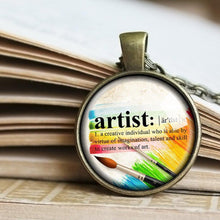 Load image into Gallery viewer, Artist Definition Necklace, Artist Definition Pendant, Artists Pendant, Gift for Art Teachers Students, Retro French Color Wheel, Artist Kid
