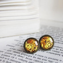 Load image into Gallery viewer, Steampunk Earrings, Steampunk Studs, Watch PartsWatch Parts Earrings, Antique brass earrings,Unique earrings, Dangle earrings, Gift for her - 11pixeli

