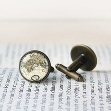 Load image into Gallery viewer, World Map Globe cufflinks, Earth cufflinks, , Earth Jewelry, Mismatch Globe cufflinks, Map cufflinks, vintage globe cufflinks, Antique Map

