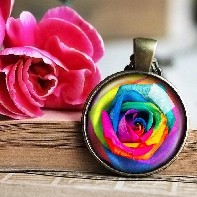 Rainbow rose Necklace - Rainbow rose Pendant - Rose Necklace - Rainbow Rose Pendant -  Mom Pendant -  Mom gift - Red Flower - Romantic Gift