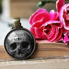 Load image into Gallery viewer, Memento Mori Necklace, Skull Necklace, Skull Pendant, Goth Jewelry, Skeleton Jewelry, Macabre Gift, Goth Gift, Gothic Jewelry, Quote Pendant
