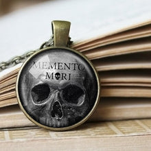 Load image into Gallery viewer, Memento Mori Necklace, Skull Necklace, Skull Pendant, Goth Jewelry, Skeleton Jewelry, Macabre Gift, Goth Gift, Gothic Jewelry, Quote Pendant
