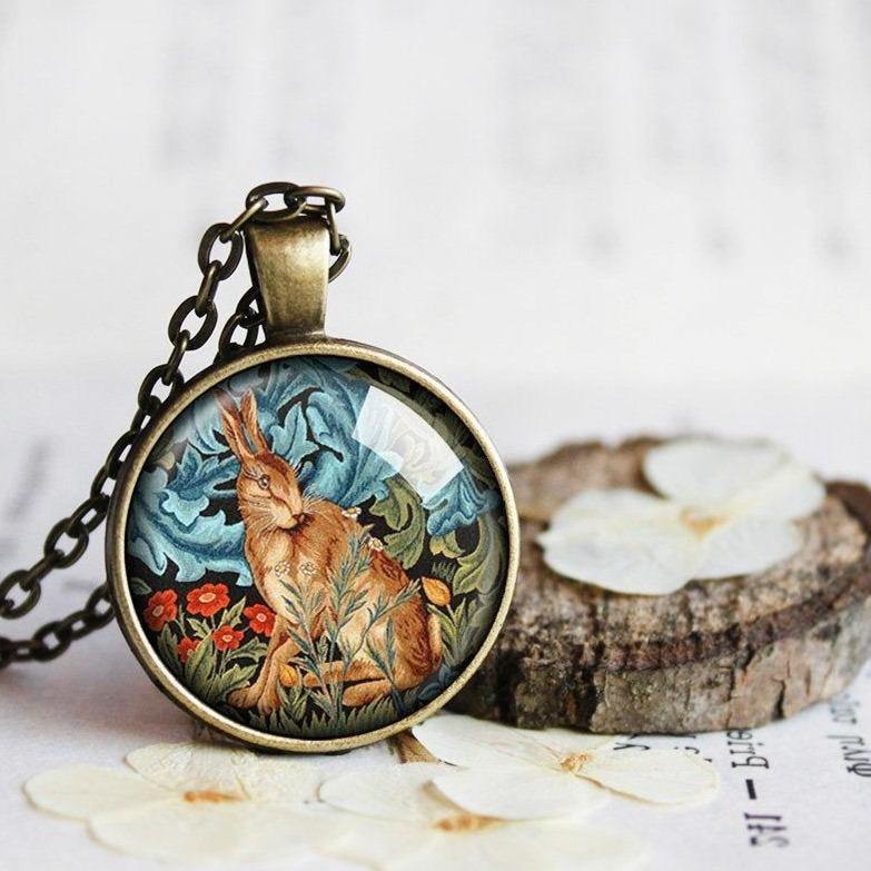 William Morris Wild Hare Tapestry Necklace, Hare Pendant, Rabbit Lover Gift, Hare lover gift, Morris Rabbit Jewelry, Rabbit Bunny Jewelry