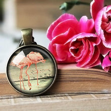 Load image into Gallery viewer, Pink Flamingos Necklace, Pink Flamingo Pendant, Vintage Flamingo Jewelry, Florida Necklace,Flamingo Lover Gift, Floridian Gift, Bird Lover
