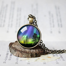 Load image into Gallery viewer, Northern Lights Necklace, Aurora Borealis Necklace, A Starry night pendant Necklace of a winter scene,Aurora Necklace, Borealis Pendant Gift
