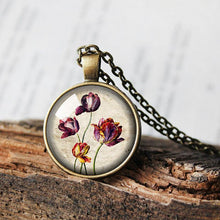 Load image into Gallery viewer, Tulip Necklace Pendant Jewelry Keychain, Red Yellow Tulip Flower Necklace, Vintage Tulip Botanical Art, Gardener Florist Gift Tulip Flower,
