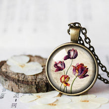 Load image into Gallery viewer, Tulip Necklace Pendant Jewelry Keychain, Red Yellow Tulip Flower Necklace, Vintage Tulip Botanical Art, Gardener Florist Gift Tulip Flower,

