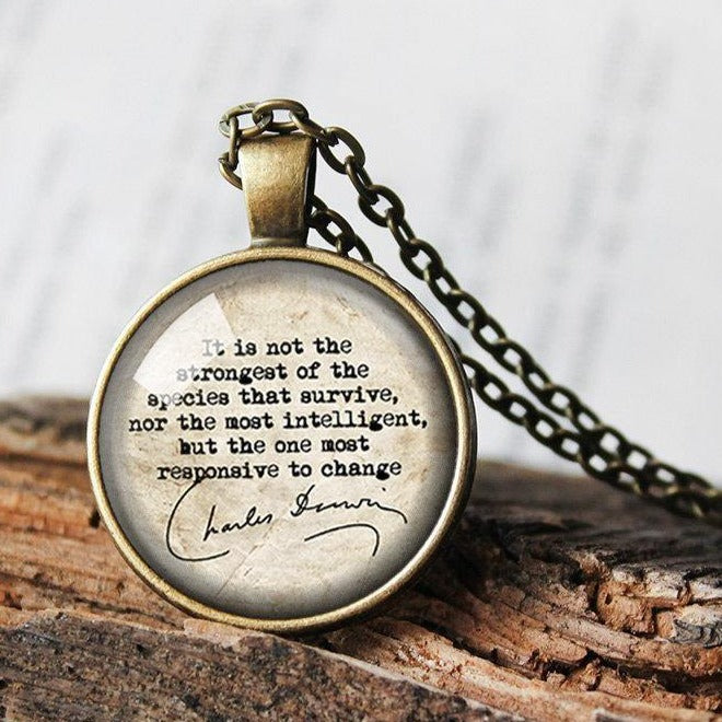 Charles Darwin Necklace, Charles Darwin Pendant, The One Most Responsive To Change, Quote Necklace, Strength gift, Change Gift Necklace