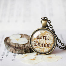 Load image into Gallery viewer, Carpe Librum Necklace, Carpe Librum Pendant, Librarian Gift, Love to Read, Vintage Books Pendant Necklace, Library Necklace, Library Pendant
