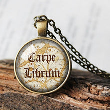 Load image into Gallery viewer, Carpe Librum Necklace, Carpe Librum Pendant, Librarian Gift, Love to Read, Vintage Books Pendant Necklace, Library Necklace, Library Pendant
