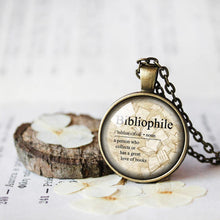 Load image into Gallery viewer, Bibliophile Necklace, Bibliophile Definition Pendant, Librarian Gift, Love to Read, Vintage Books Pendant Necklace, Library Necklace Gift
