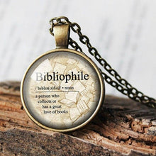 Load image into Gallery viewer, Bibliophile Necklace, Bibliophile Definition Pendant, Librarian Gift, Love to Read, Vintage Books Pendant Necklace, Library Necklace Gift
