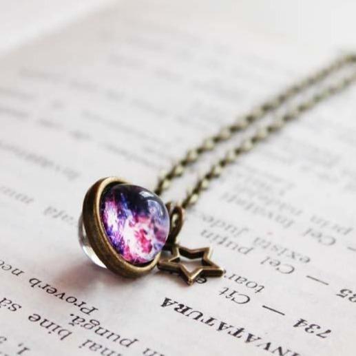 Tiny Galaxy Glass necklace, Nebula necklace, Purple Nebula, Two sided space Necklace, Sphere glass, Solar system jewelry Universe Gift