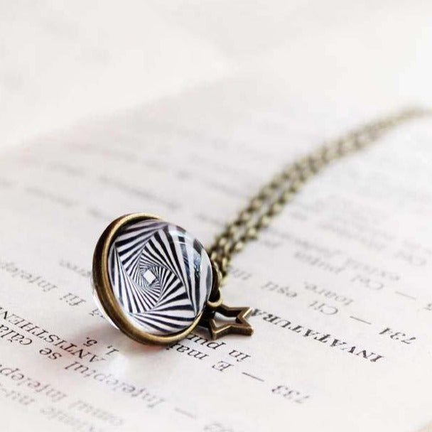 Abstract Globe Necklace, Abstract Art Globe Pendant, Black and White Swirl Necklace, Spiral Pendant, Optical Illusion Hypnosis Gift