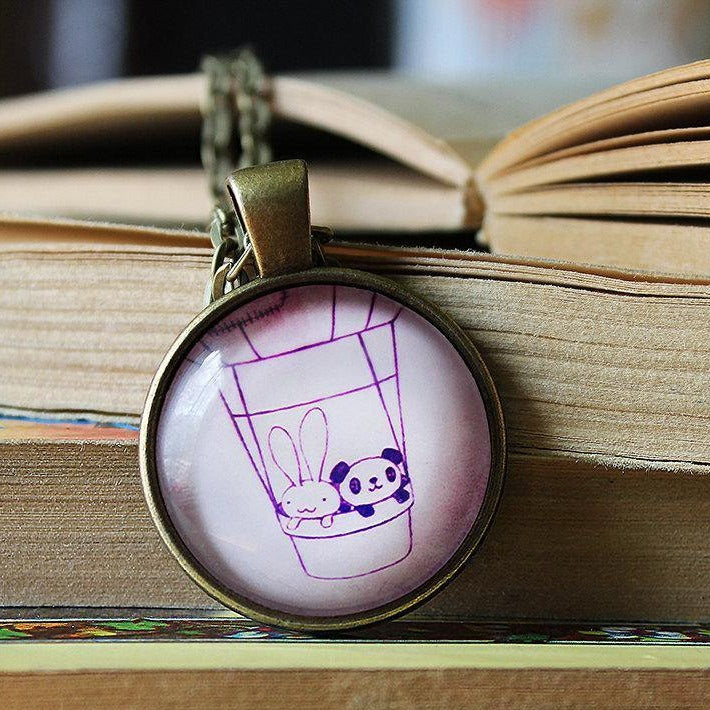 Bunny and Panda Pendant Necklace - Air Balloon - Glass Dome Pendant - Gift for couple - Gift for kids - Adorable Pendant - Drawing jewelry